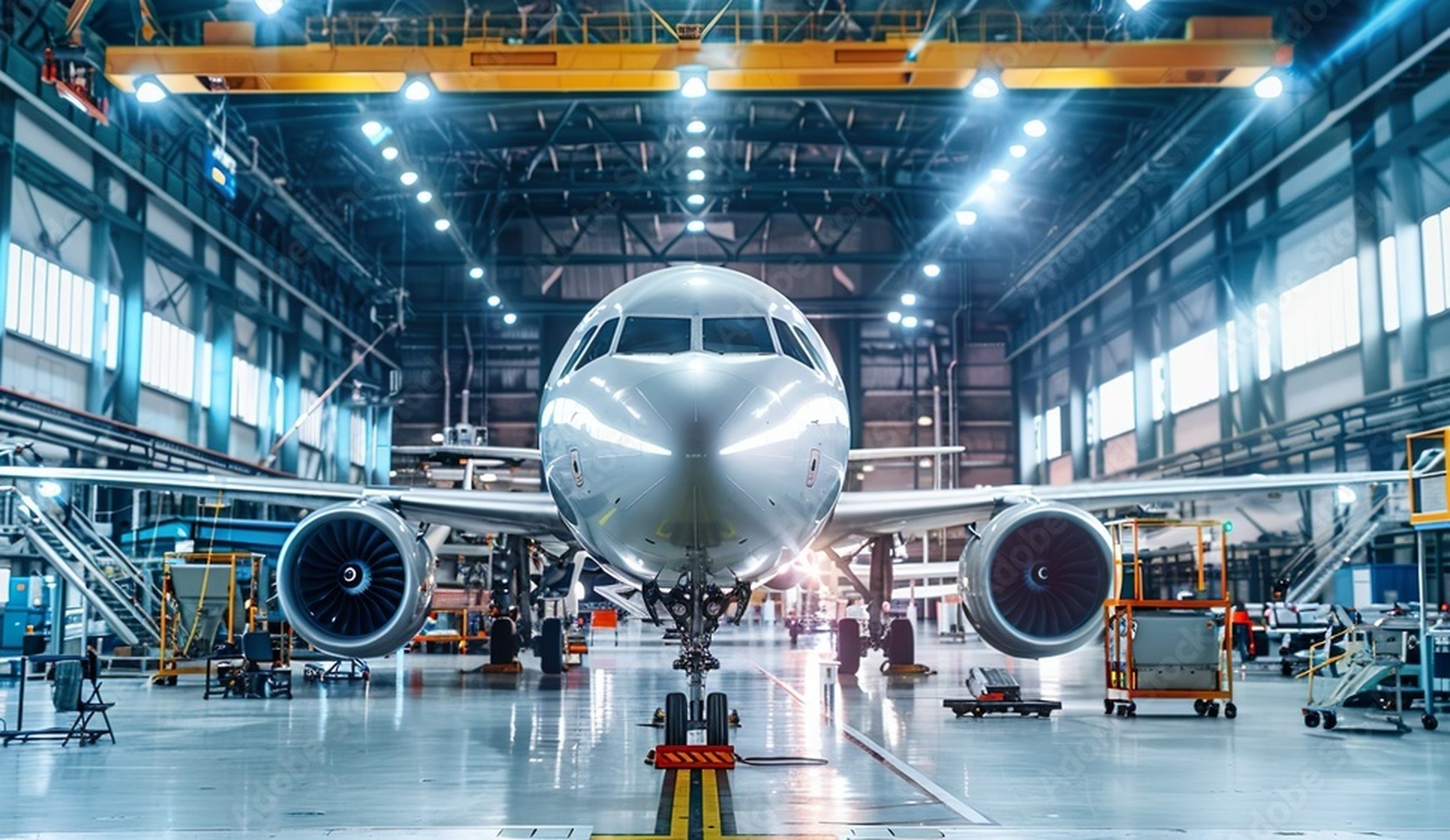 Wide-body aircraft under maintenance in a hangar